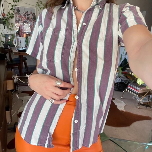 Vintage Short Sleeve Vertical Nautical Stripe Button Up Shirt - Picture 1 of 3